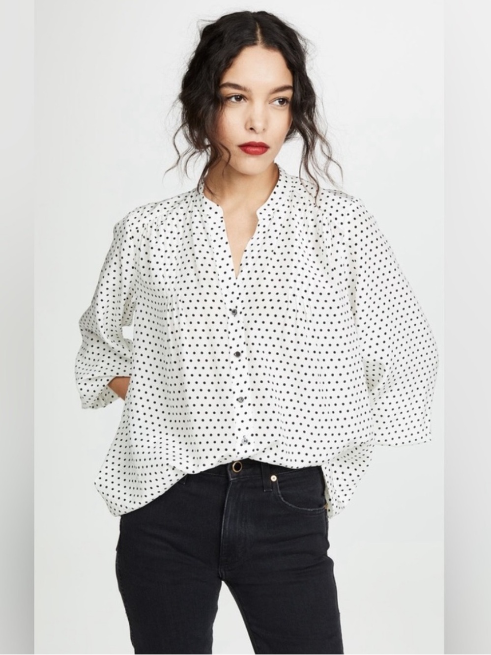 AYR Por Favor Bonita Dot Silk Button Down Blouse XS Polka Dot Shirt Ivory Cream